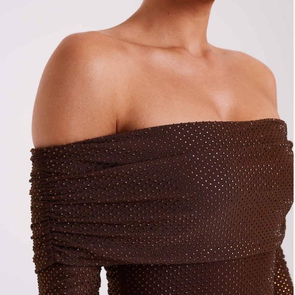 Marcel Off Shoulder Diamante Maxi Dress - Chocolate (Meshki) - Picture 4 of 8